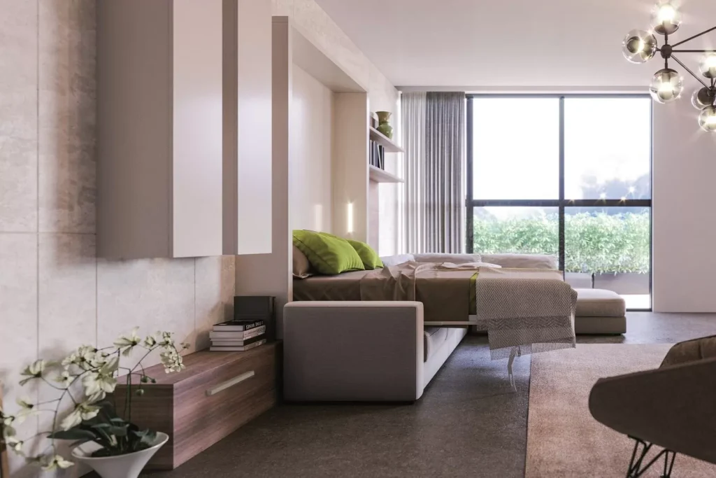 Living con divano e letto matrimoniale a scomparsa Cubo S02 chiuso